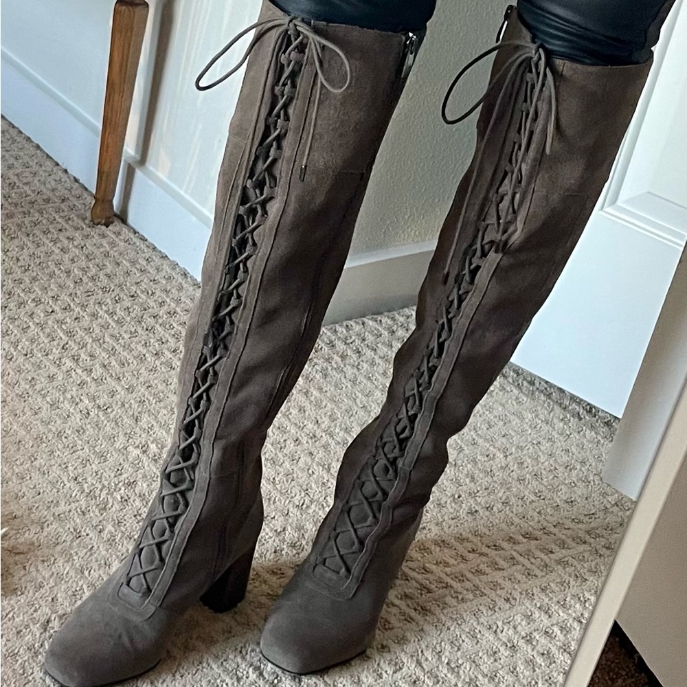 Franco Sarto Lace up block heel Suede over the knee boot.